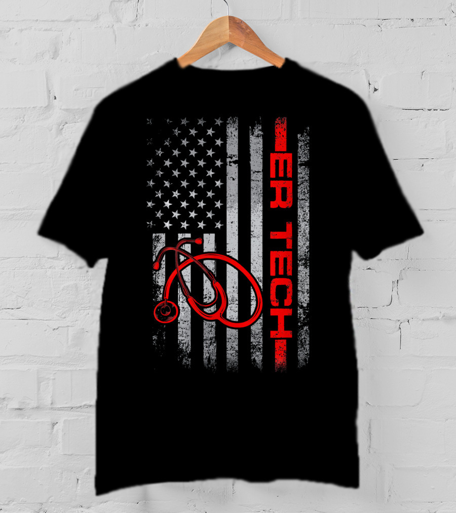 American Flag ER Tech Patriotic Stethoscope Nurse T-Shirt