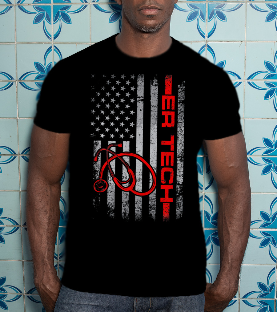 American Flag ER Tech Patriotic Stethoscope Nurse T-Shirt