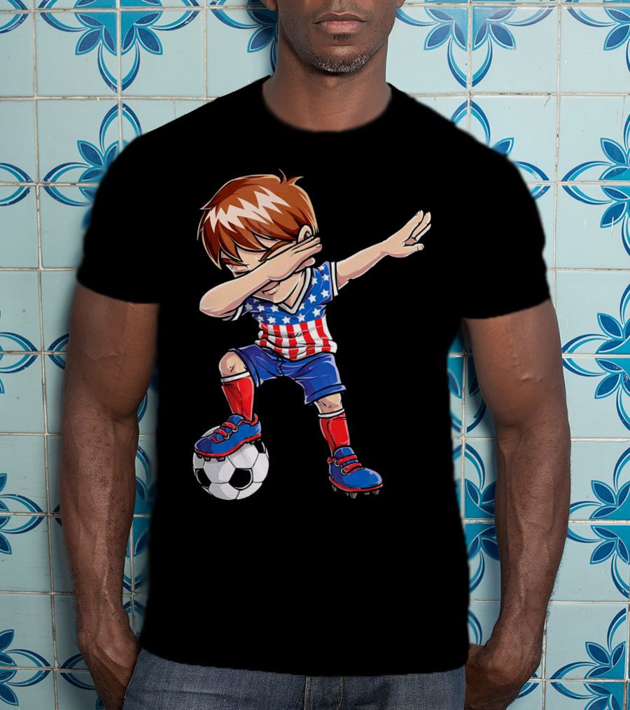 Dabbing Soccer Boy With American Flag Jersey T-Shirt