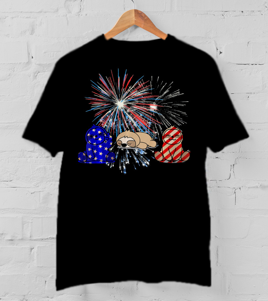 Red White Blue Sloth Fireworks Patriotic T-Shirt