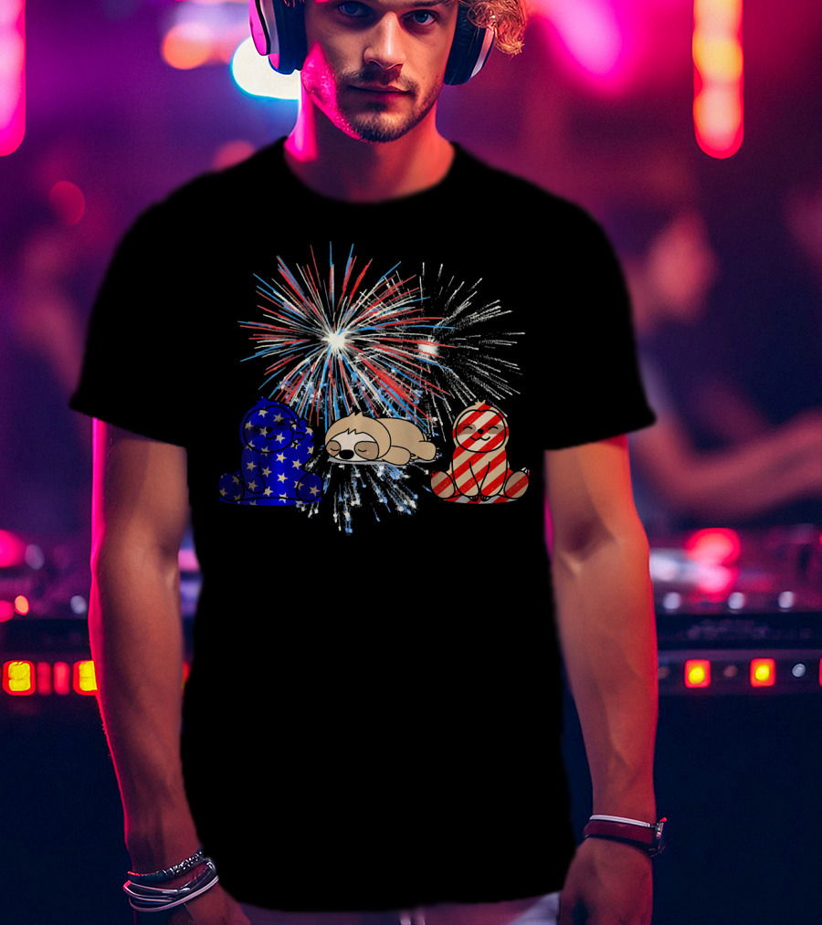 Red White Blue Sloth Fireworks Patriotic T-Shirt