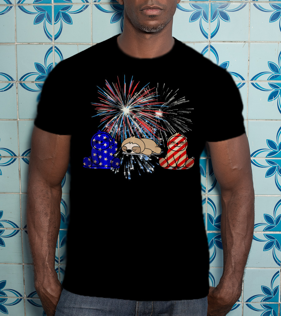 Red White Blue Sloth Fireworks Patriotic T-Shirt