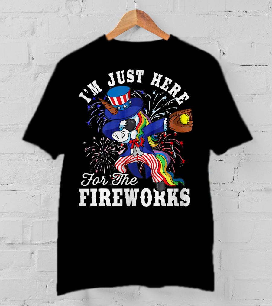 I'm Just Here For The Fireworks Dabbing Unicorn Uncle Sam Softball T-Shirt