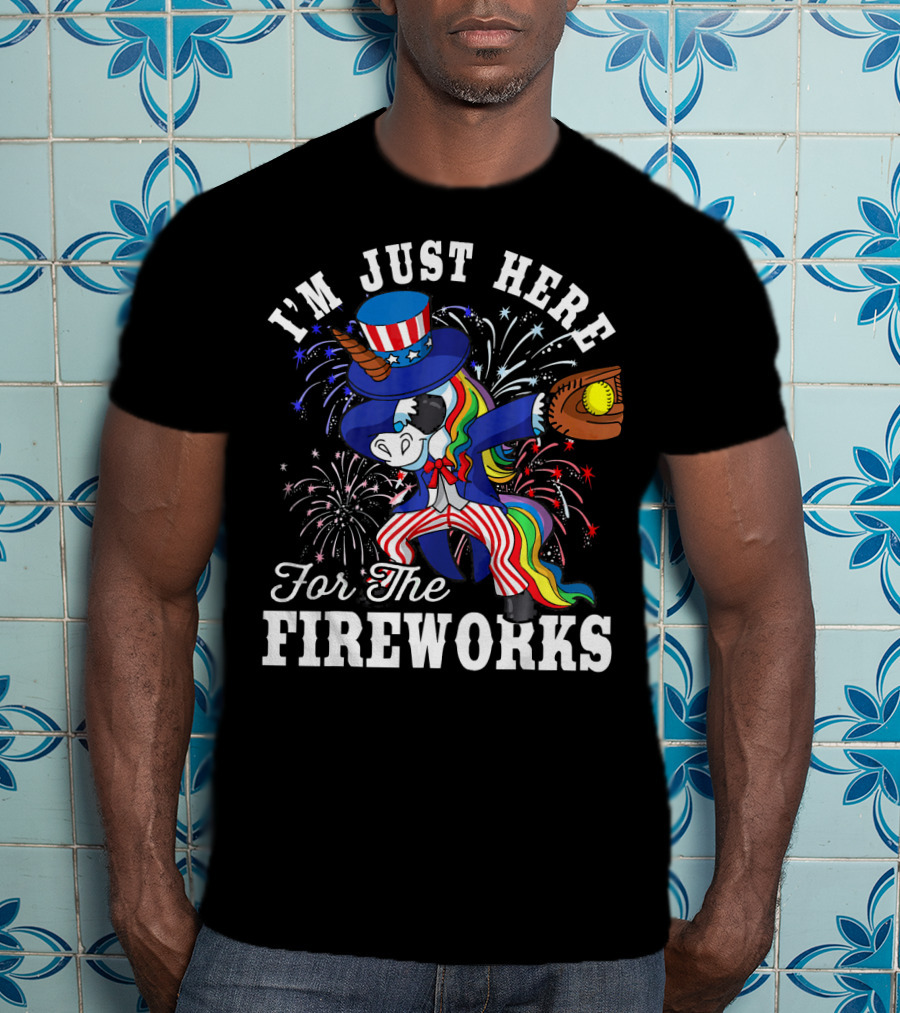 I'm Just Here For The Fireworks Dabbing Unicorn Uncle Sam Softball T-Shirt