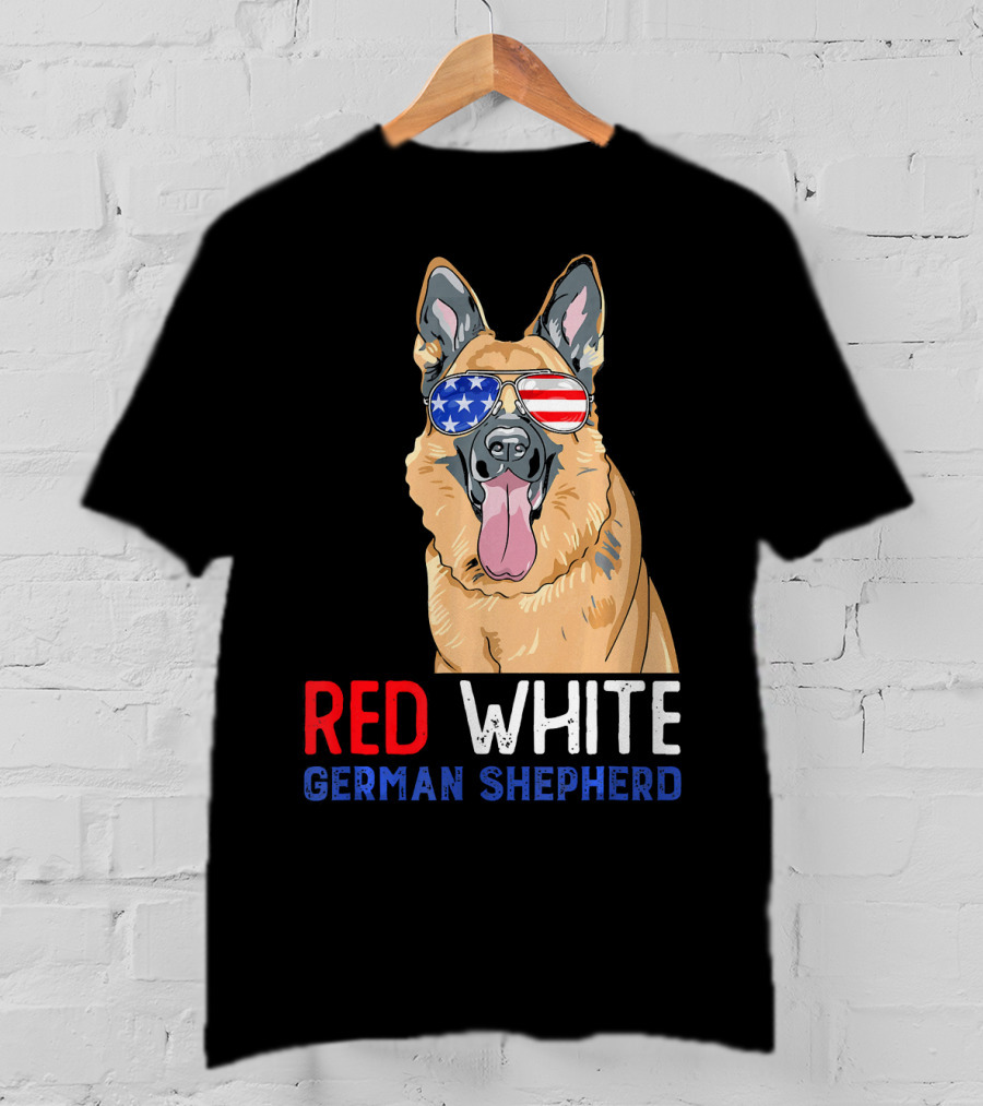Red White German Shepherd USA Sunglasses Stars Stripes T-Shirt