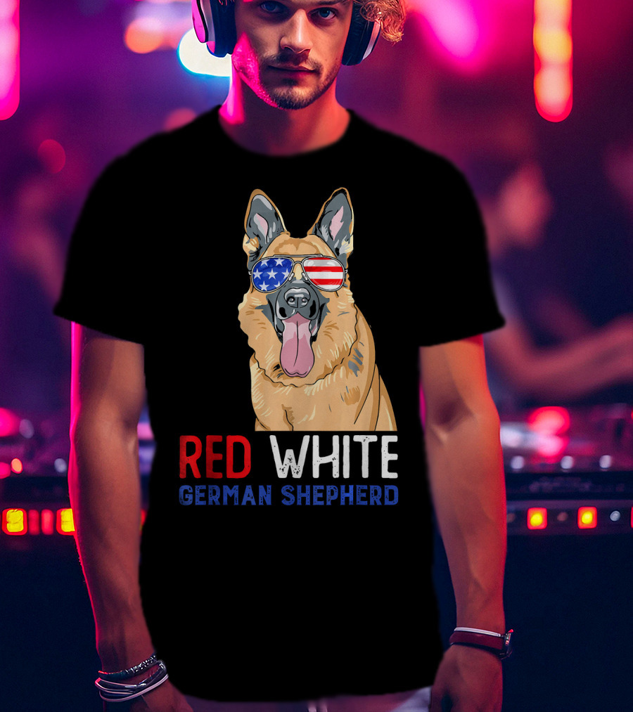 Red White German Shepherd USA Sunglasses Stars Stripes T-Shirt