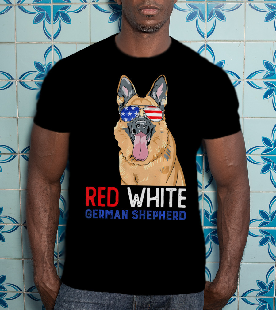 Red White German Shepherd USA Sunglasses Stars Stripes T-Shirt