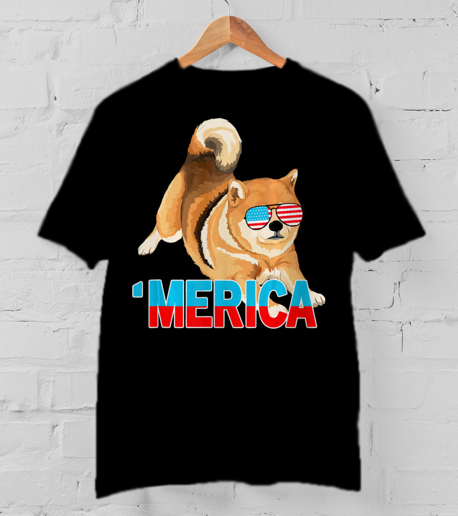 Merica Shiba Inu With American Flag Sunglasses T-Shirt