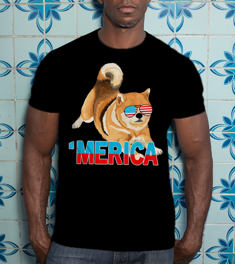 Merica Shiba Inu With American Flag Sunglasses T-Shirt