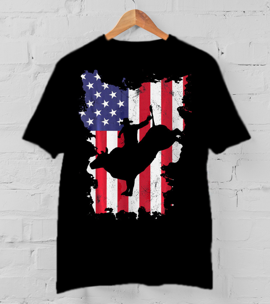 Bull Riding Cowboy Silhouette USA Flag T-Shirt
