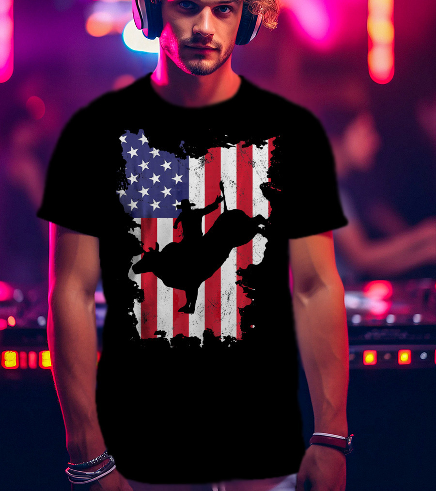 Bull Riding Cowboy Silhouette USA Flag T-Shirt