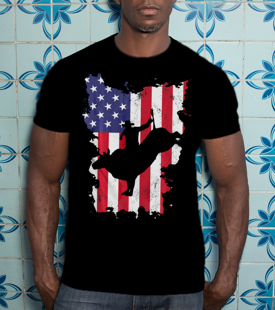 Bull Riding Cowboy Silhouette USA Flag T-Shirt