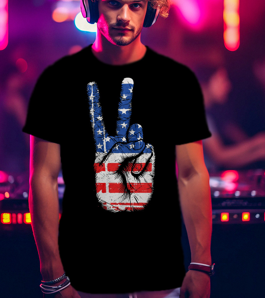 American Flag Peace Sign Hand Gesture T-Shirt