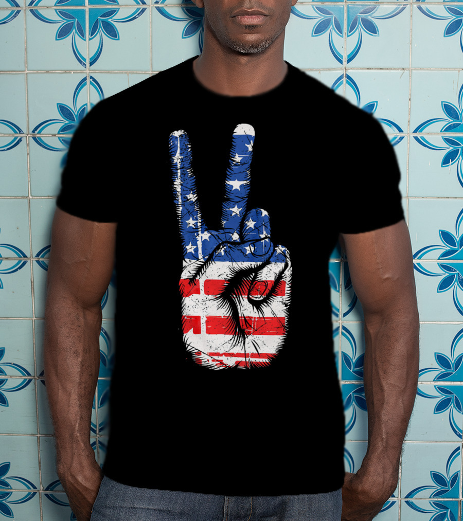 American Flag Peace Sign Hand Gesture T-Shirt