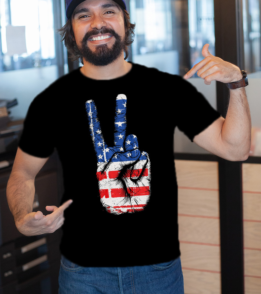 American Flag Peace Sign Hand Gesture T-Shirt