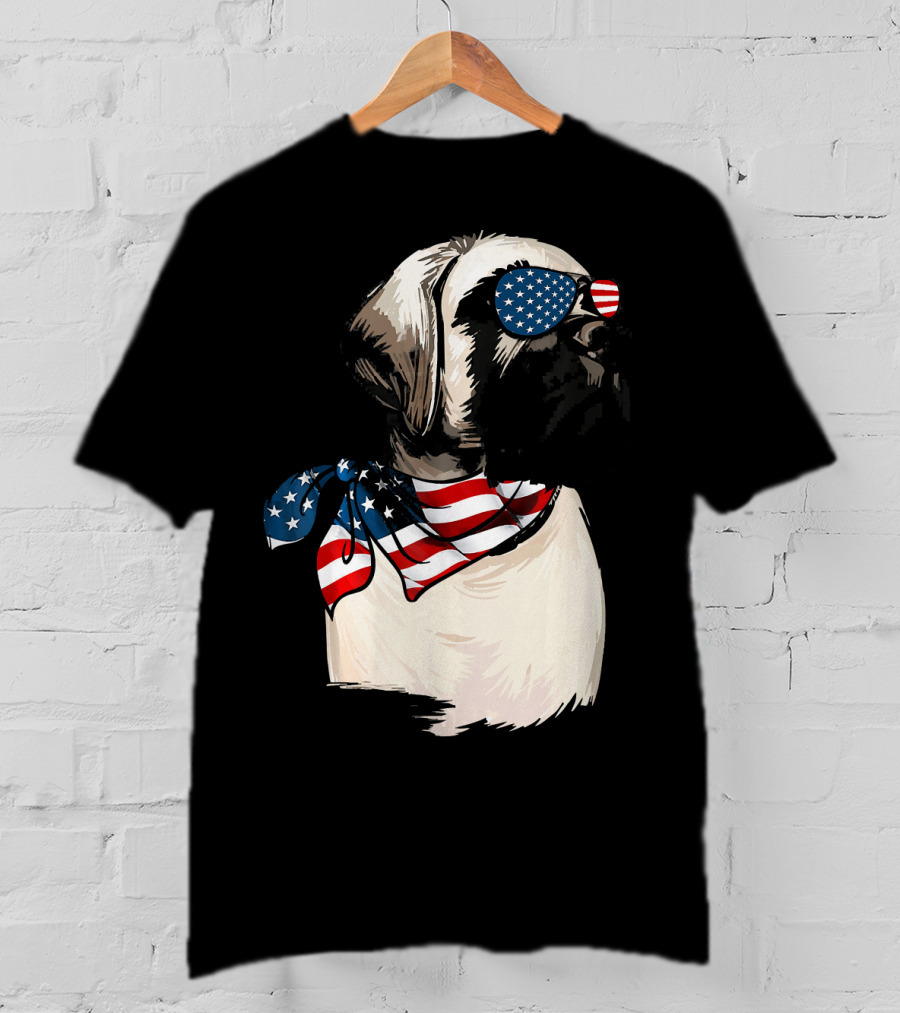 American Flag English Mastiff With Patriotic Stars And Stripes Sunglasses And Scarf T-Shirt