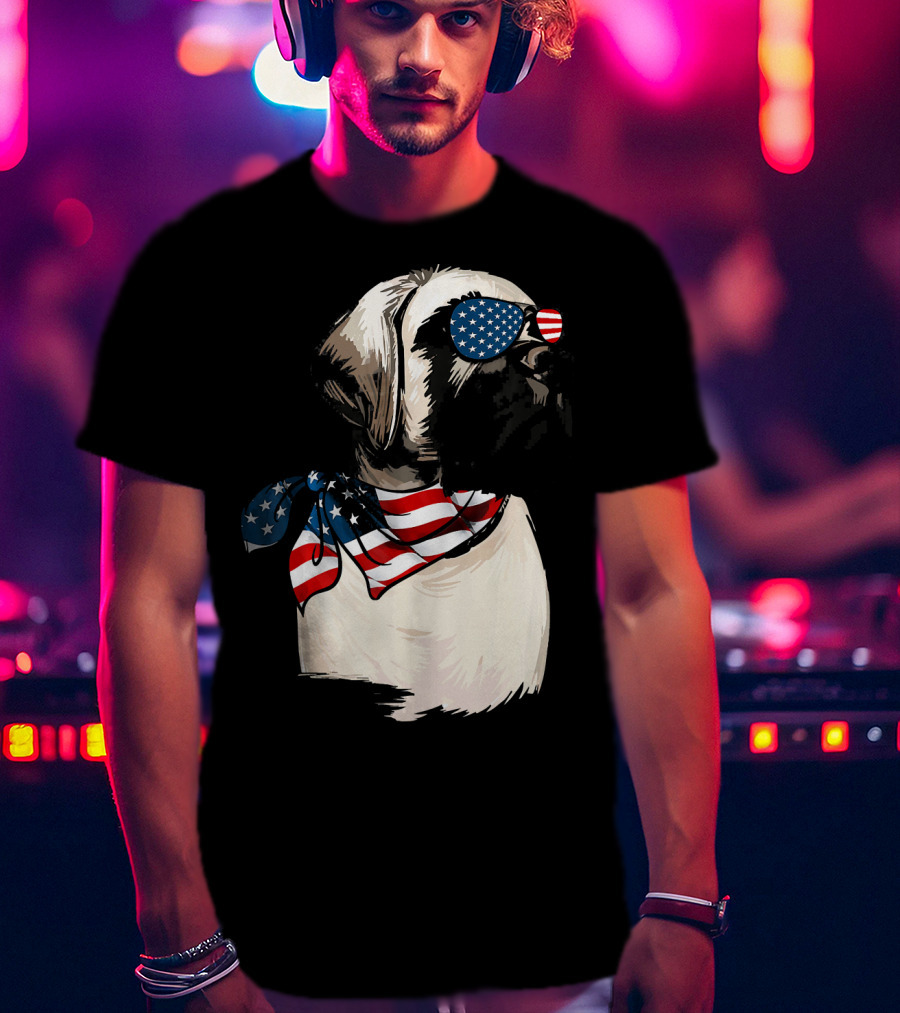 American Flag English Mastiff With Patriotic Stars And Stripes Sunglasses And Scarf T-Shirt