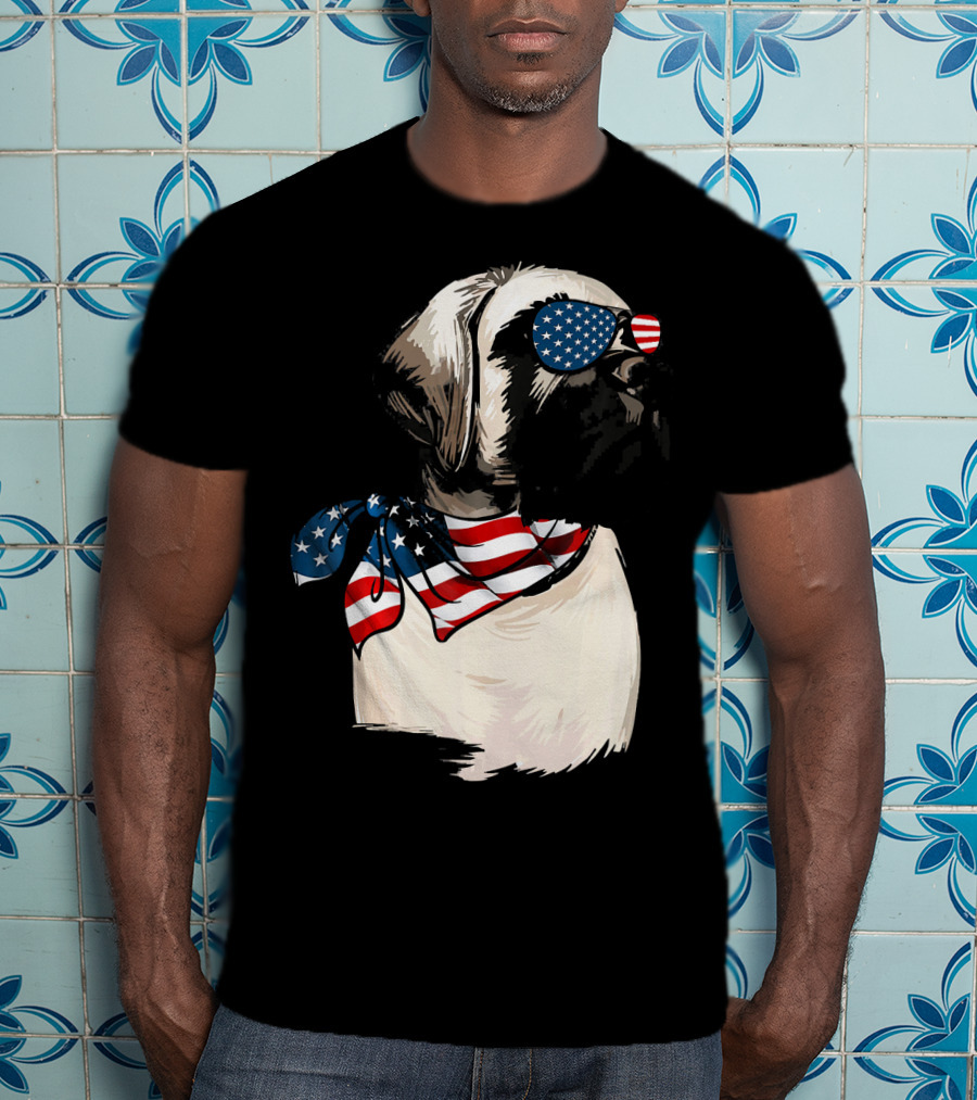 American Flag English Mastiff With Patriotic Stars And Stripes Sunglasses And Scarf T-Shirt