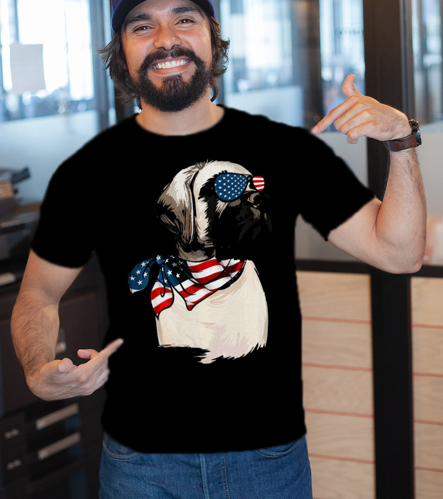 American Flag English Mastiff With Patriotic Stars And Stripes Sunglasses And Scarf T-Shirt