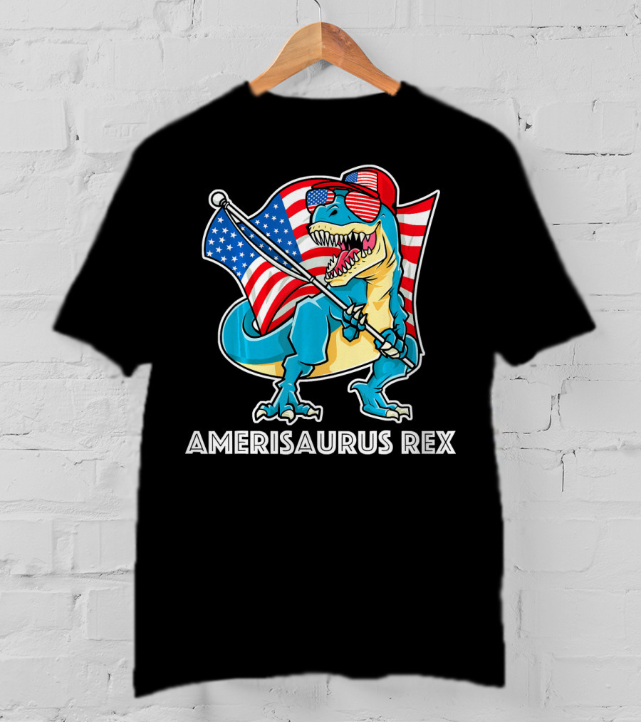 Amerisaurus Rex Patriotic Dinosaur With American Flag And Sunglasses T-Shirt