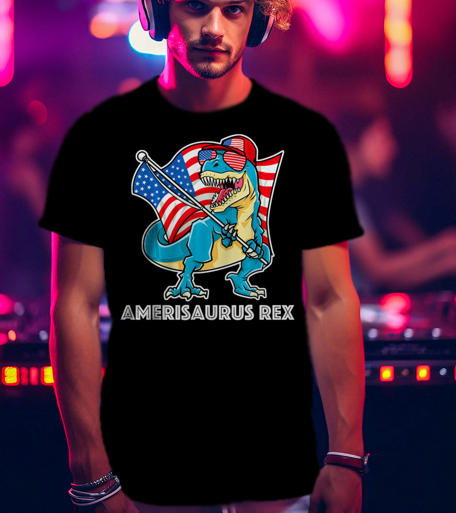 Amerisaurus Rex Patriotic Dinosaur With American Flag And Sunglasses T-Shirt