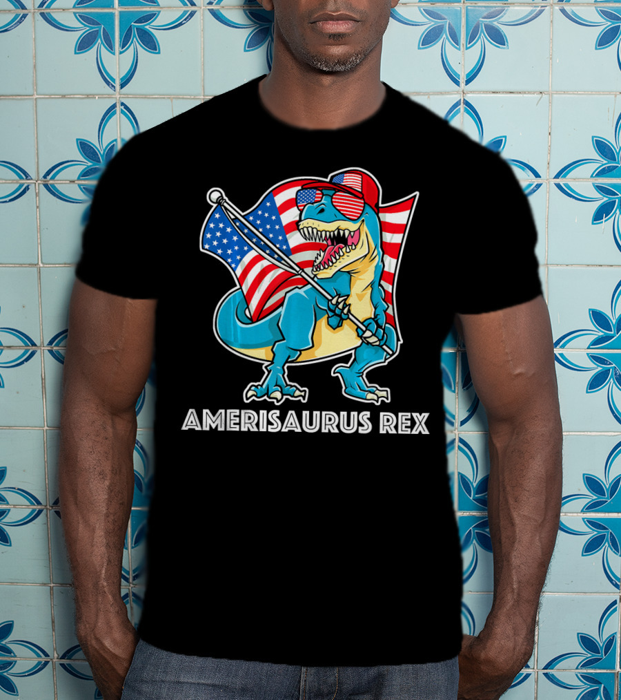 Amerisaurus Rex Patriotic Dinosaur With American Flag And Sunglasses T-Shirt
