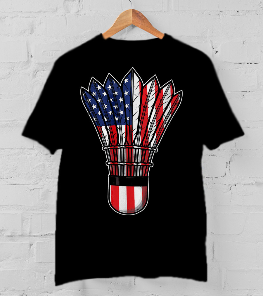 Funny Badminton Shuttlecock American Flag Patriot Player Love T-Shirt