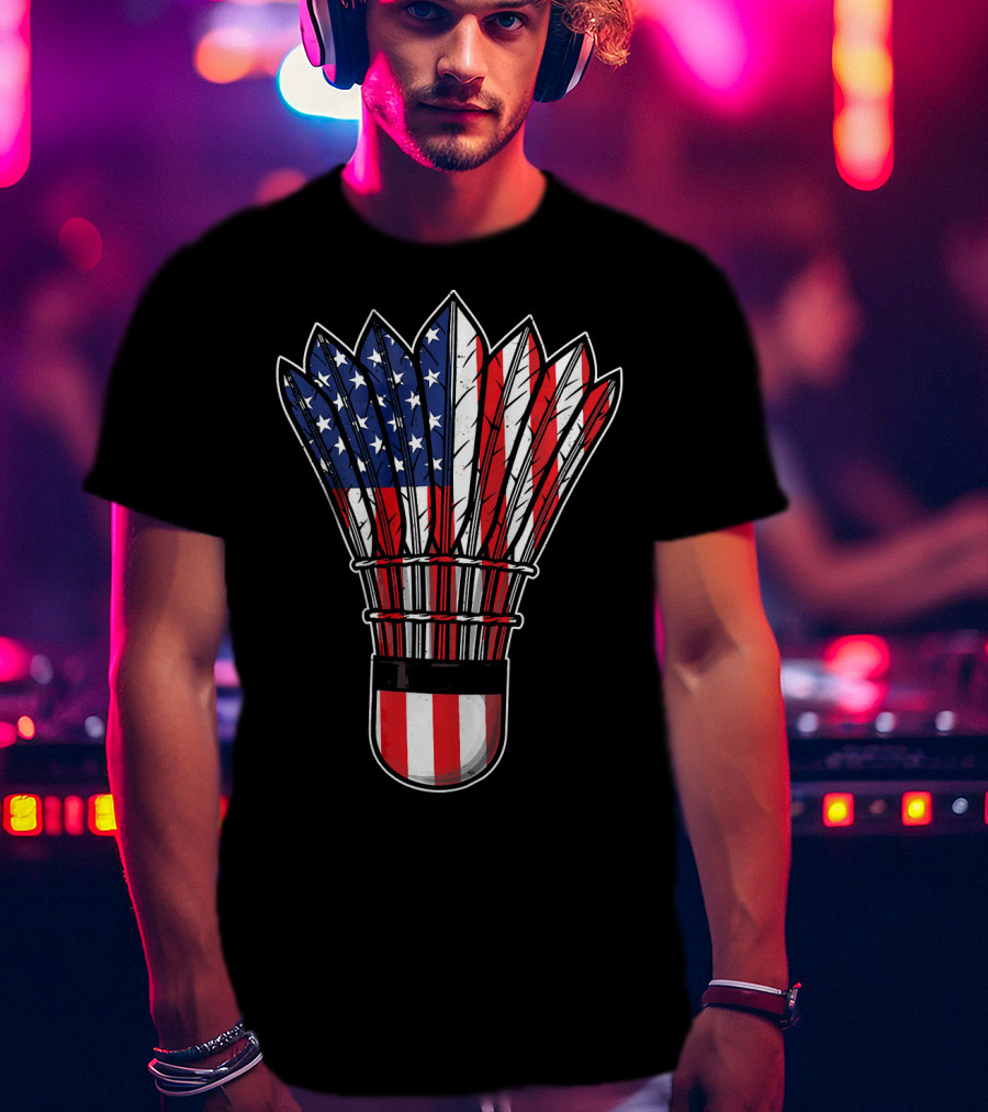 Funny Badminton Shuttlecock American Flag Patriot Player Love T-Shirt