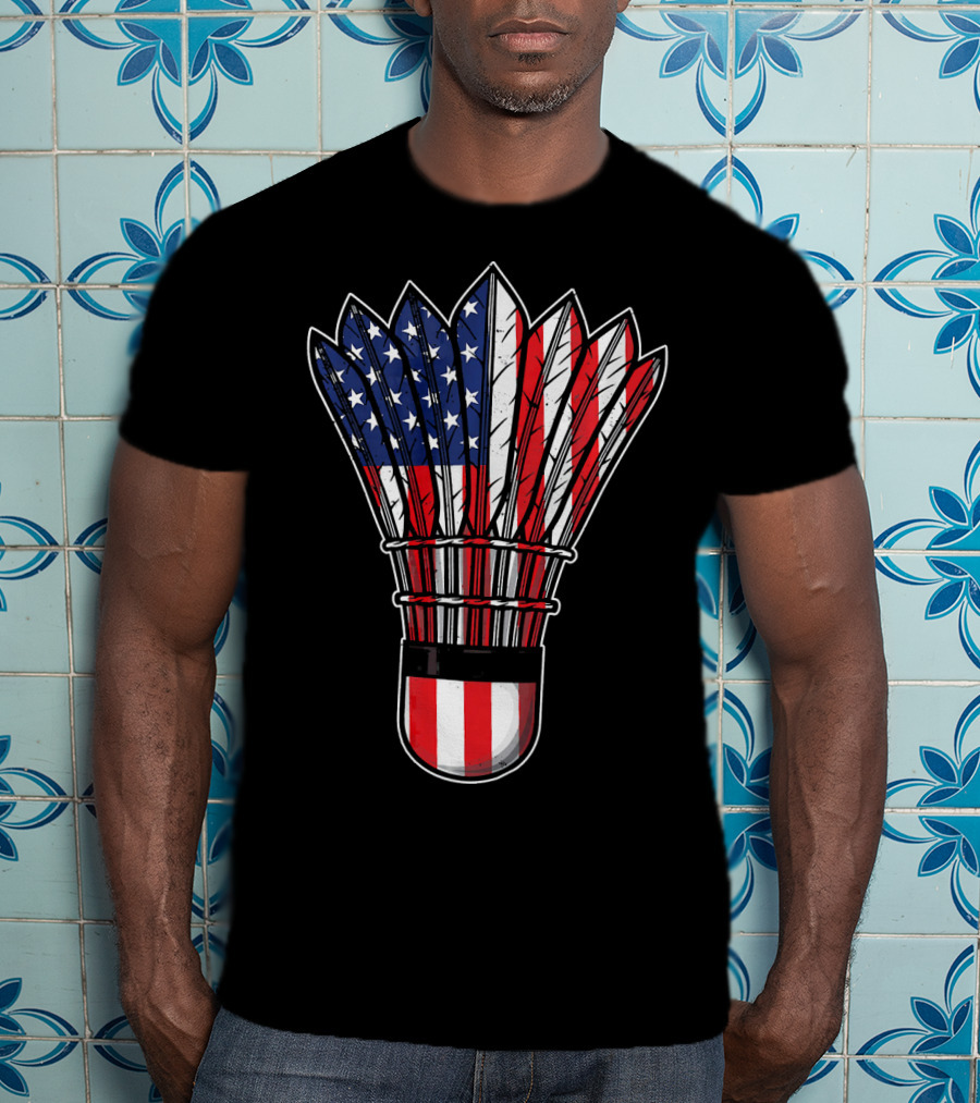 Funny Badminton Shuttlecock American Flag Patriot Player Love T-Shirt
