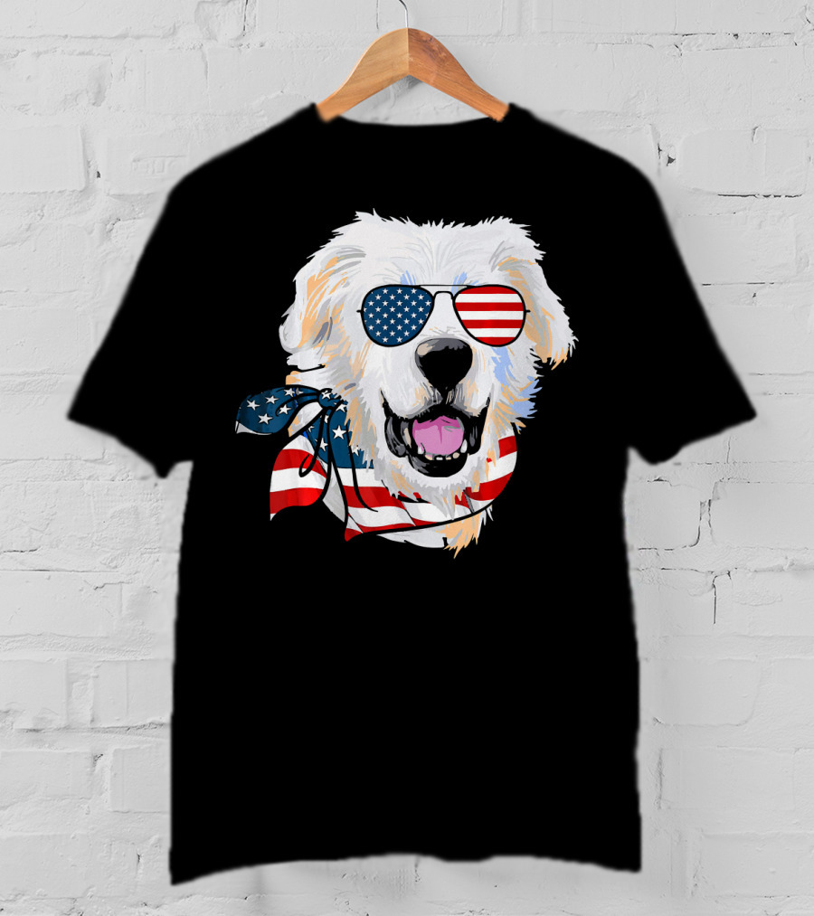 American Flag Great Pyrenees Dog With Patriotic Sunglasses And Bandana T-Shirt
