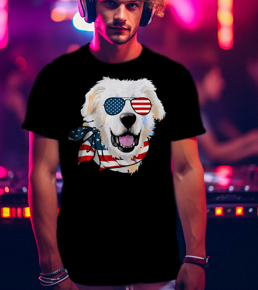 American Flag Great Pyrenees Dog With Patriotic Sunglasses And Bandana T-Shirt