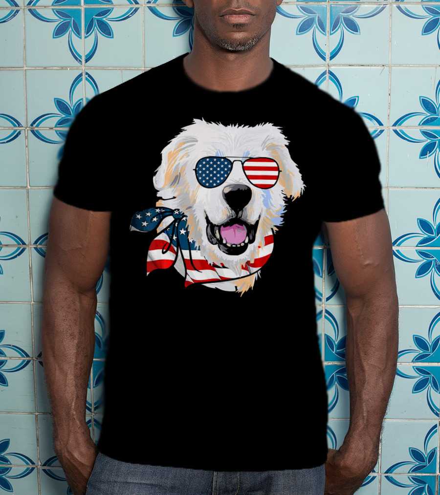 American Flag Great Pyrenees Dog With Patriotic Sunglasses And Bandana T-Shirt