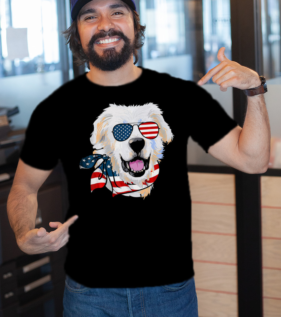 American Flag Great Pyrenees Dog With Patriotic Sunglasses And Bandana T-Shirt