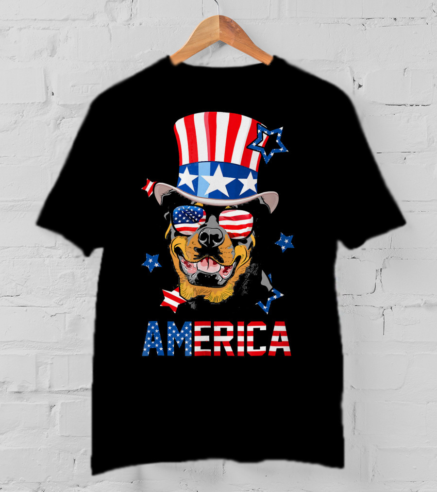 America Rottweiler Wearing Patriotic Top Hat And Sunglasses T-Shirt