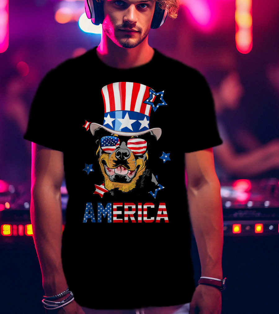 America Rottweiler Wearing Patriotic Top Hat And Sunglasses T-Shirt
