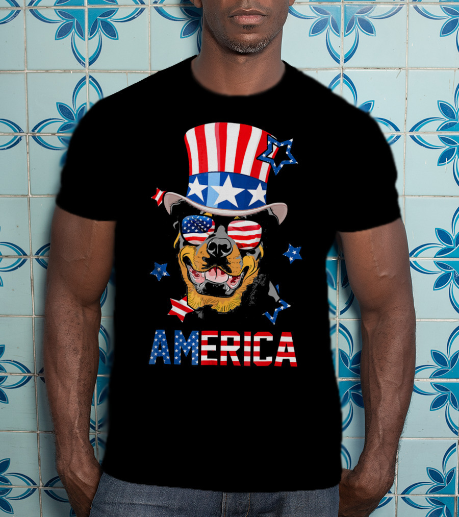 America Rottweiler Wearing Patriotic Top Hat And Sunglasses T-Shirt