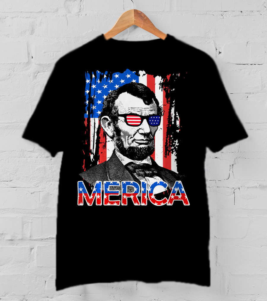Merica American Flag Abe Lincoln With Sunglasses T-Shirt