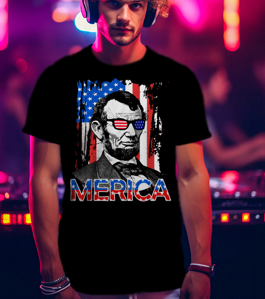 Merica American Flag Abe Lincoln With Sunglasses T-Shirt