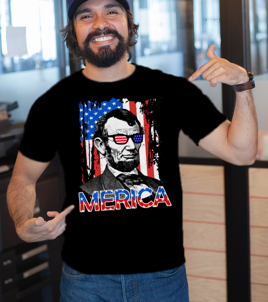 Merica American Flag Abe Lincoln With Sunglasses T-Shirt