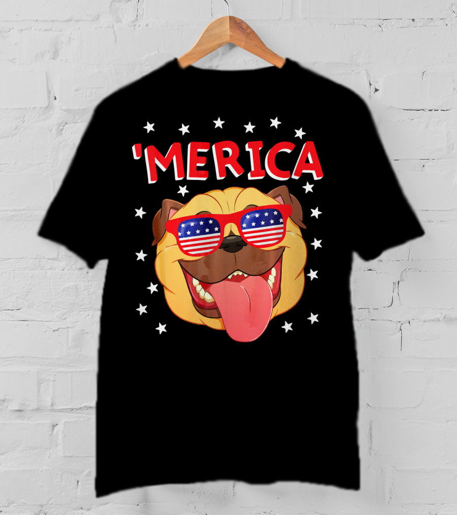 'Merica Pug Wearing American Flag Sunglasses With Stars T-Shirt