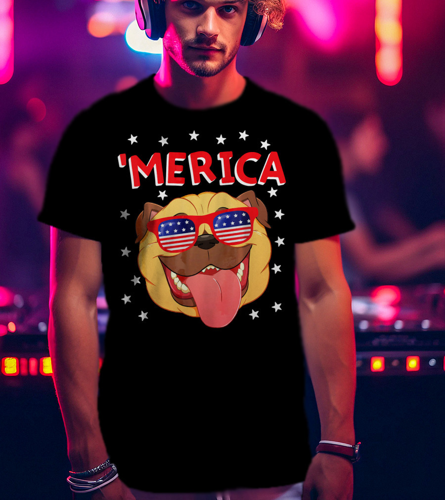 'Merica Pug Wearing American Flag Sunglasses With Stars T-Shirt