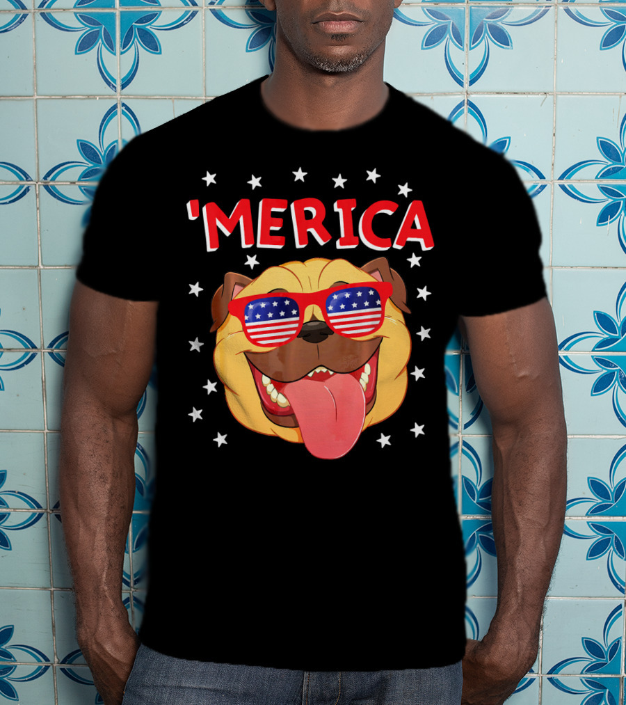 'Merica Pug Wearing American Flag Sunglasses With Stars T-Shirt