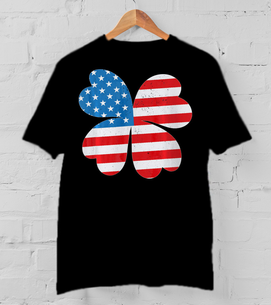 Independence Day American Flag 4 Leaf Clover Shamrock T-Shirt
