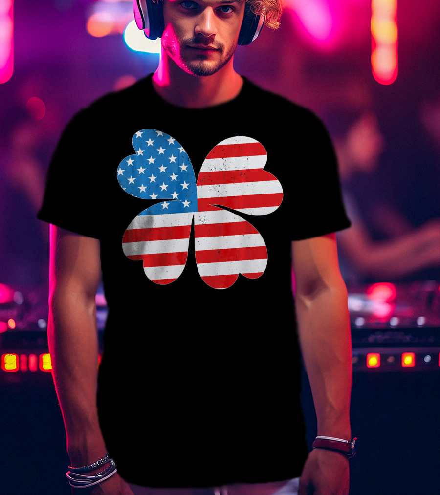 Independence Day American Flag 4 Leaf Clover Shamrock T-Shirt