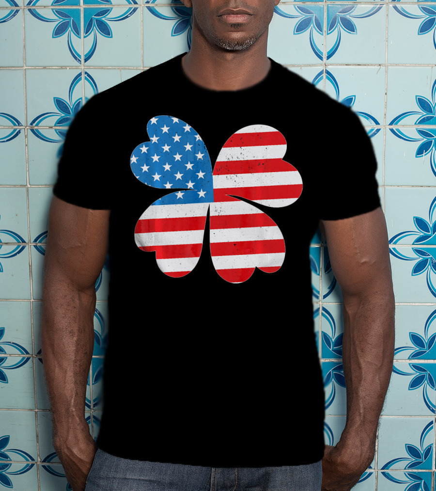 Independence Day American Flag 4 Leaf Clover Shamrock T-Shirt