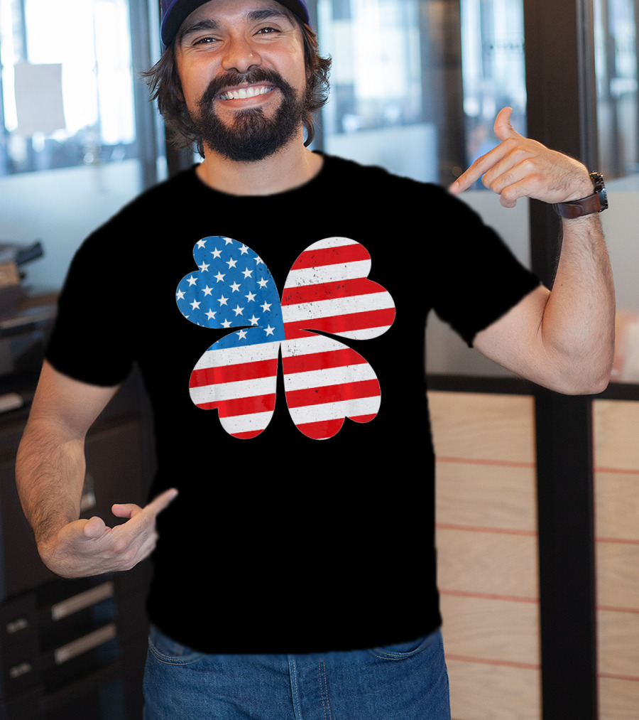 Independence Day American Flag 4 Leaf Clover Shamrock T-Shirt
