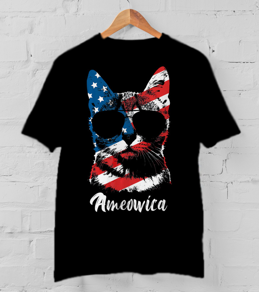 Ameowica Funny Cat Lover Patriotic Stars And Stripes Sunglasses T-Shirt