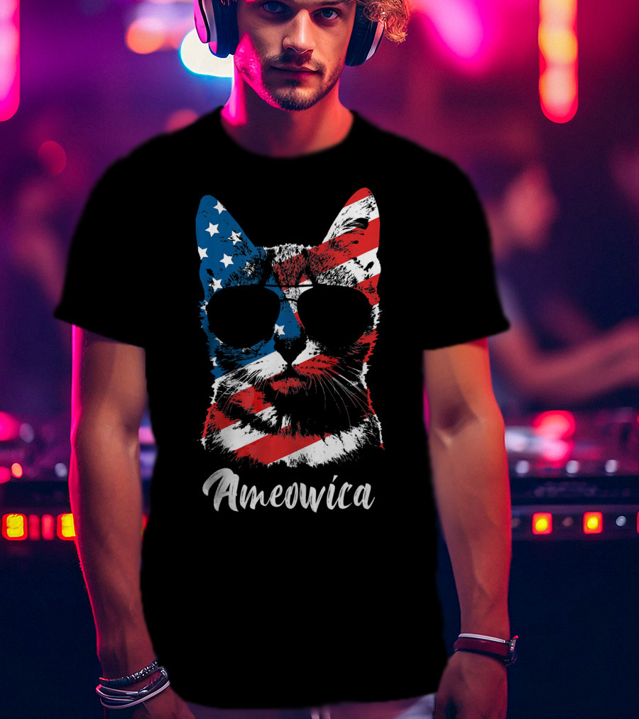 Ameowica Funny Cat Lover Patriotic Stars And Stripes Sunglasses T-Shirt