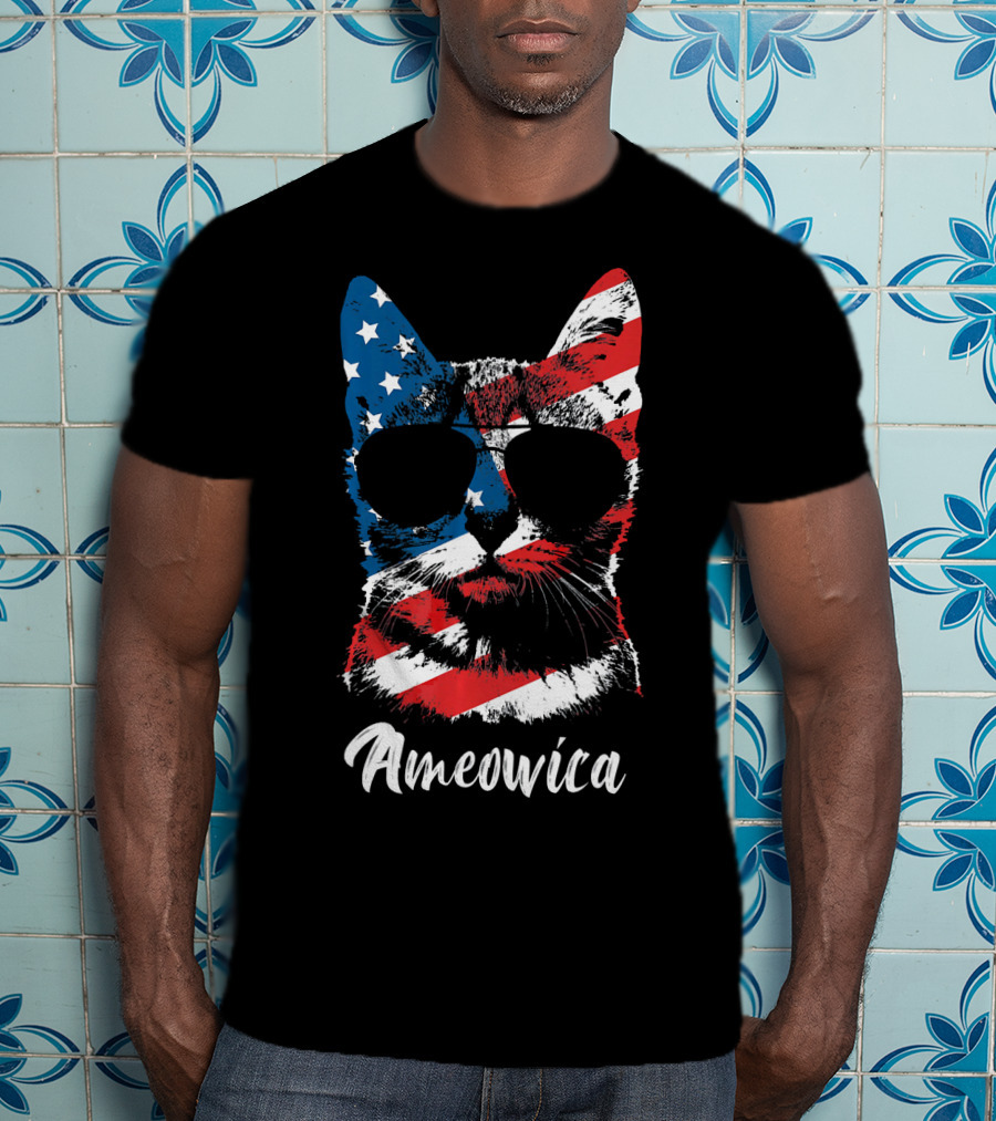 Ameowica Funny Cat Lover Patriotic Stars And Stripes Sunglasses T-Shirt
