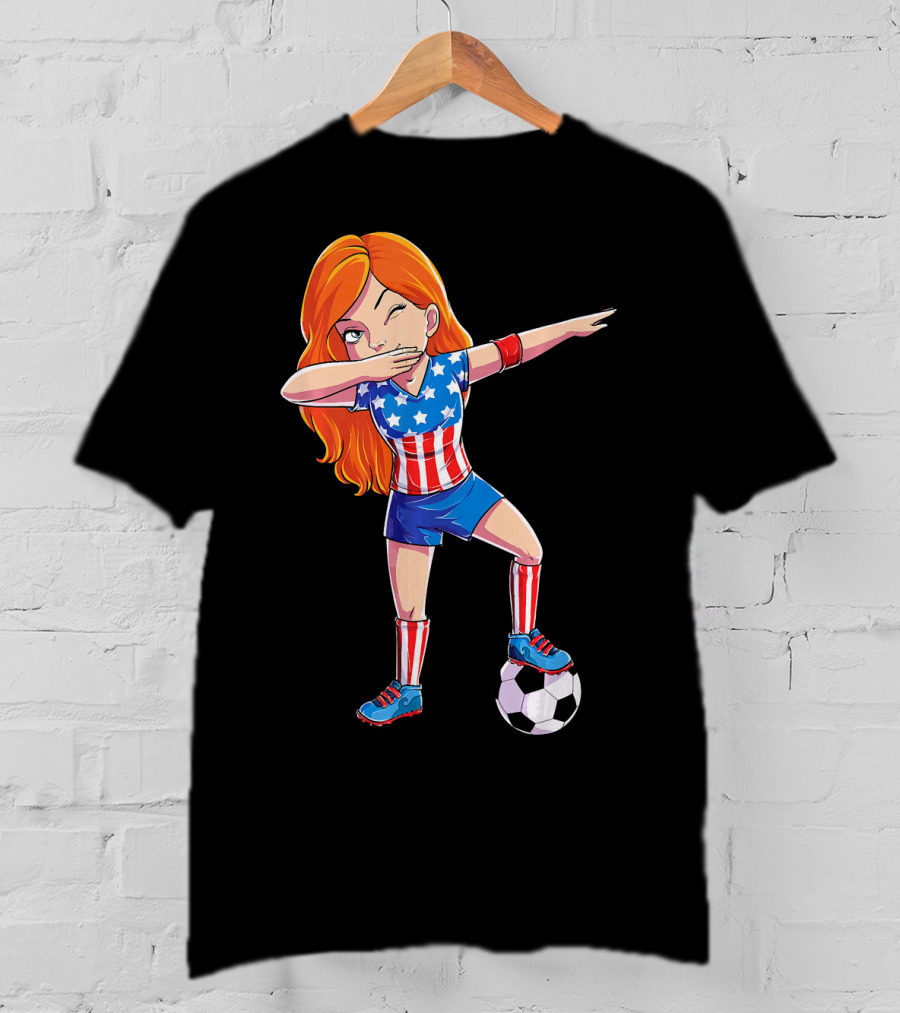 Dabbing Soccer Girl USA Flag Stars And Stripes Jersey T-Shirt